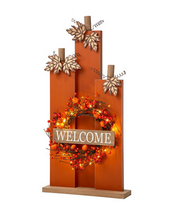30" H Fall Lighted Wooden Pumpkin Decor with Wreath Glitzhome