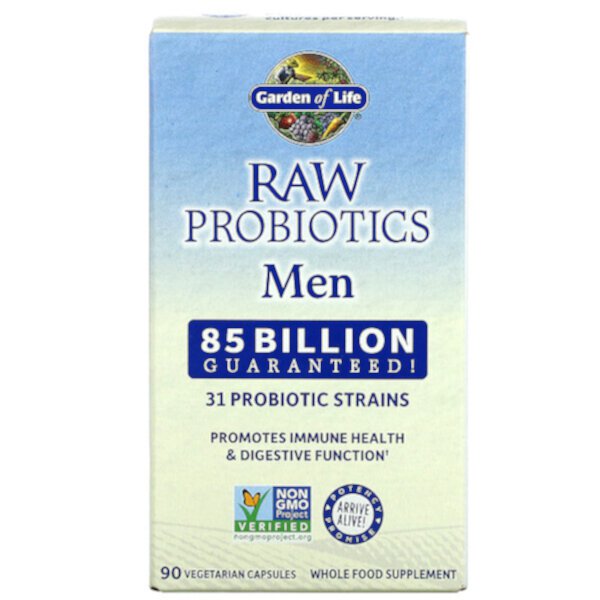 RAW Probiotics, Men, 85 миллиардов, 90 вегетарианских капсул (28,33 миллиарда живых культур на капсулу) Garden of Life