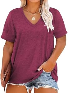 Plus Size V Neck T Shirts Women Short Sleeve Tops Casual Summer Tshirts Loose Fit Tee Beocut