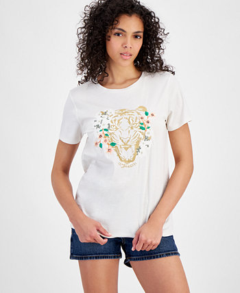 Women's Embroidered Tiger Daisy Short-Sleeve T-Shirt GUESS