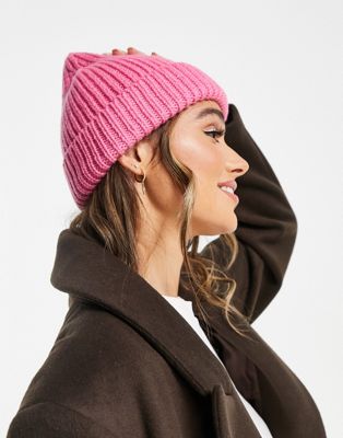 Topshop knitted fur pom pom beanie in dusky pink