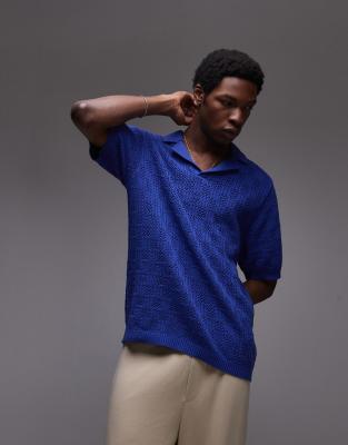 Topman knit check crochet polo in blue Topman