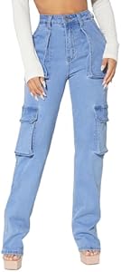 Floerns Women's Casual Flap Pocket High Waist Jeans Workout Denim Cargo Pants Floerns