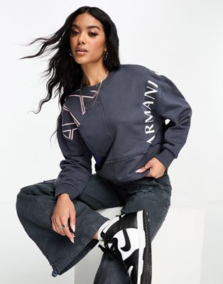 Armani Exchange cut and sew scattered logo sweatshirt in dark gray AX ARMANI EXCHANGE