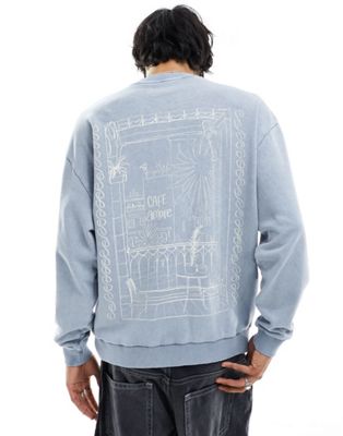 ASOS DESIGN unisex oversized sweatshirt in washed blue with back drawing print ASOS DESIGN