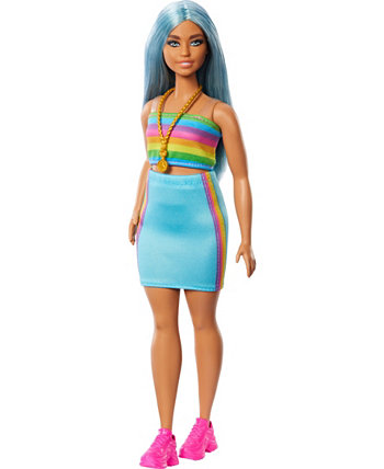 Fashionistas Doll 218 with Blue Hair, Rainbow Top and Teal Skirt, 65th Anniversary Barbie