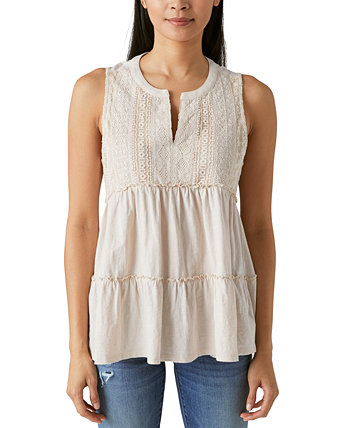 Women's Cotton Tiered Embroidered Split-Neck Top Lucky Brand