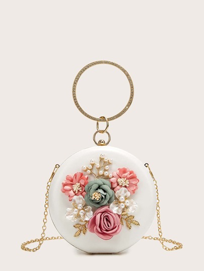 Круглая сумка-цепочка с жемчужным декором и цветочными аппликациями SHEIN