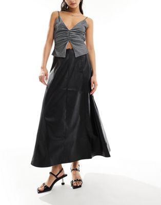 NA-KD faux leather flowy midi skirt in black NAKD