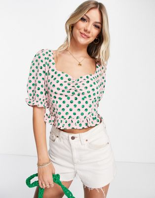 The Frolic milkmaid top with puff sleeves in watercolor spot The Frolic