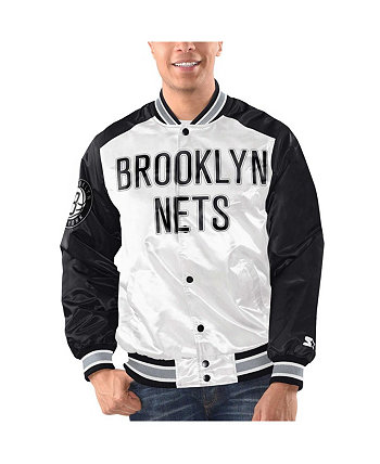 Men's White, Black Brooklyn Nets Renegade Satin Full-Snap Varsity Jacket Starter