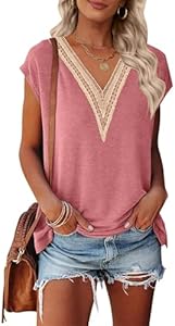 MEROKEETY Women's Casual Cap Sleeve Lace Trim V Neck Tops 2024 Summer Loose Tee Shirts Blouse Merokeety