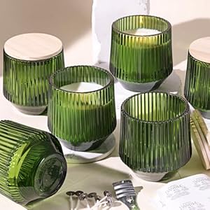 simeitol 13 OZ Candle Jars for Making Candles - 6 Pack Green Candle Jars, Ribbed Glass Candle Jars Bulk, with Bamboo Lids and Candle Wick Kit, Candle Making Kit for Making Candle Containers Simeitol