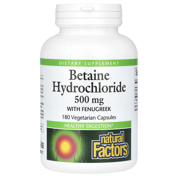 Бетаина гидрохлорид с пажитником, 500 мг, 180 вегетарианских капсул Natural Factors