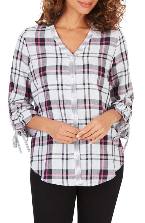 Marlin Plaid Ruched Sleeve Cotton Button-Up Blouse FOXCROFT