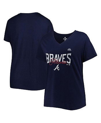 Женская темно-синяя футболка Atlanta Braves размера плюс с v-образным вырезом и надписью Profile