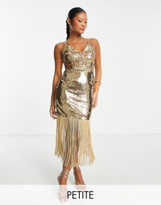 Collective the Label Petite exclusive cut-out sequin fringe dress in gold Collective The Label Petite