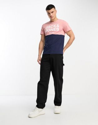 Розово-темно-синяя футболка в стиле колор-блок Jack & Jones Jack & Jones