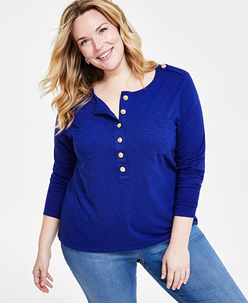 Plus Size Button-Front Long-Sleeve Top, Created for Macy's I.N.C. International Concepts