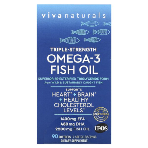 Рыбий жир омега-3, тройная сила, 1100 мг, 90 мягких таблеток Viva Naturals