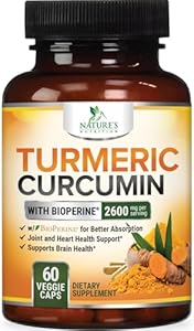 Turmeric Curcumin Supplement with BioPerine 95% Curcuminoids 2600mg with Black Pepper for Best Absorption, Bottled in USA, Best Natural Vegan Joint Support, Nature's Non-GMO Tumeric - 60 Capsules Nature's Nutrition