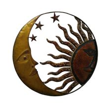 21 Inch Handcrafted Sun and Moon Accent Wall Decor, Round Metal Wall Mount, Rustic Gold, Bronze Benzara