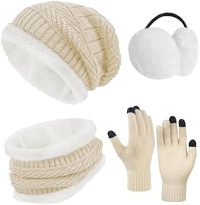 4-Pieces Warm Winter Beanie Hat Scarf Set Thick Knit Hat Beanie Skull Caps Scarfs for Women Men Chalier