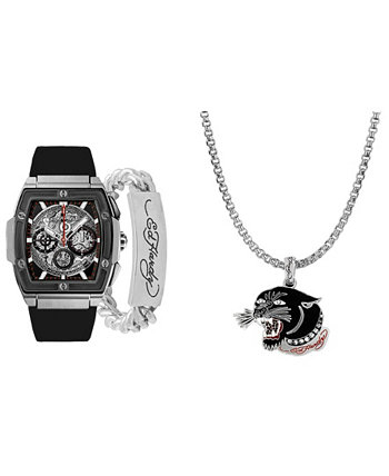 Подарочный набор мужских часов с черным текстурированным силиконовым ремешком 48 мм Ed Hardy
