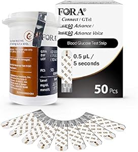 FORA6Connect/Test N’Go Advance Voice Blood Glucose Test Strips - 50 Count, Accurate Blood Sugar Measurement for Diabetes FORA