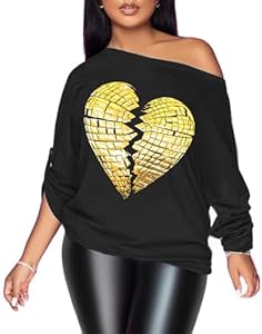 PESION Womens Off The Shoulder Tops Sexy Shiny Metallic Shirts Long Sleeves Fashion Graphic T-shirts Blouses Pesion