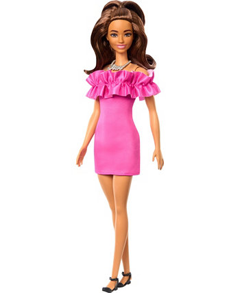 Fashionistas Doll 217 with Brown Wavy Hair and Pink Dress, 65th Anniversary Barbie