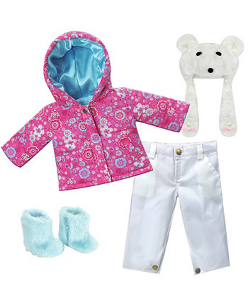 - 18" Doll - Print Parka, White Snowboard Pants, Aqua Boots Polar Bear Hat Set, 4 Piece Teamson Kids
