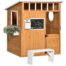 Outsunny Kids Wooden Playhouse Outdoor Garden Games Cottage with Working Door Windows Mailbox Bench Flowers Pot Holder 48&#34; x 42&#34; x 53&#34; Outsunny