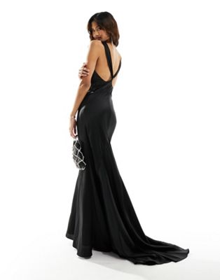 Jarlo v back satin maxi dress with fishtail in black  Jarlo