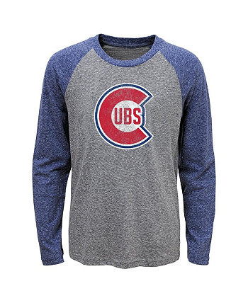 Youth Boys and Girls Heather Charcoal, Heather Royal Chicago Cubs Cooperstown Collection Raglan Tri-Blend Long Sleeve T-shirt Outerstuff