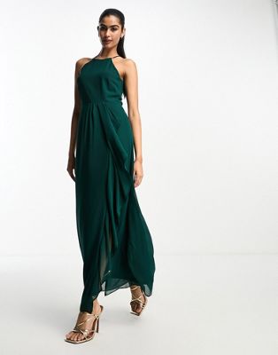 Темно-зеленое платье макси с вырезом халтер и вырезом на спине Vila Bridesmaid Vila