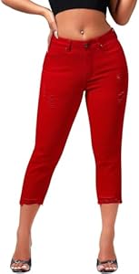 roswear Women's Capri Pants Mid Rise Skinny Ripped Stretchy Cropped Distressed Jeans Roswear