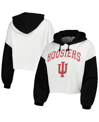 Women's White and Black Indiana Hoosiers Good Time Color Block Cropped Hoodie Gameday Couture