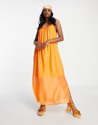 Ярко-оранжевое платье миди на бретельках со сборками Object Object