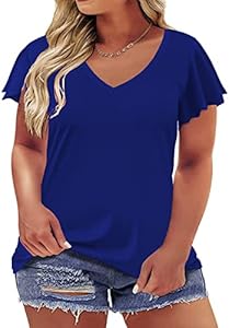 ROSRISS Womens Plus-Size Tops Summer Ruffle Short Sleeve Shirts Casual V Neck Tunics Rosriss