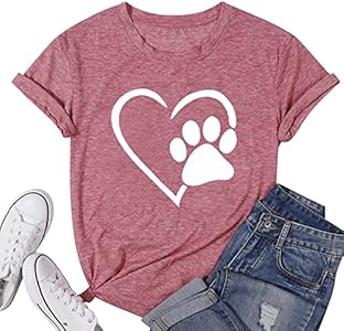 Susongeth Dog Paw Love Heart Print T-Shirt for Women Short Sleeve Dog Mom Graphic Tees Tops Mother's Day Shirts Susongeth