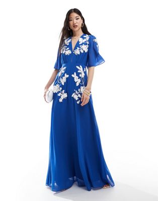 Hope & Ivy plunge maxi dress with embellished flowers in blue Hope & Ivy