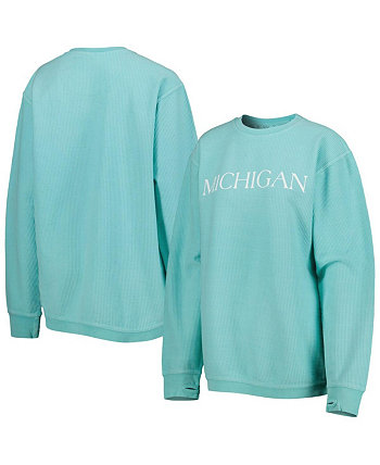 Women's Mint Distressed Michigan Wolverines Comfy Cord Bar Print Pullover Sweatshirt Pressbox