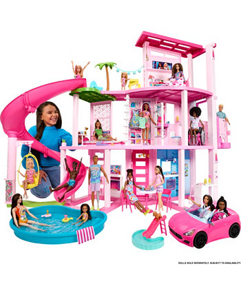 Дом мечты, 75+ предметов, кукольный домик для вечеринки у бассейна с 3-этажным слайдом Barbie