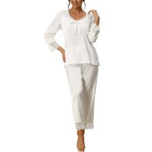 Womens Two Piece Pajamas Sets Silky Lace Long Sleeve Top With Pant Casual Sleepwear Loungewear Cheibear