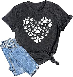 Susongeth Dog Paw Love Heart Print T-Shirt for Women Short Sleeve Dog Mom Graphic Tees Tops Mother's Day Shirts Susongeth