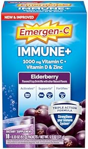 Emergen-C Immune+ Vitamin C 1000mg (18 Count, Elderberry) Dietary Supplement Fizzy Drink Mix Powder (Порошок) Packets (Пакеты ) Emergen-C