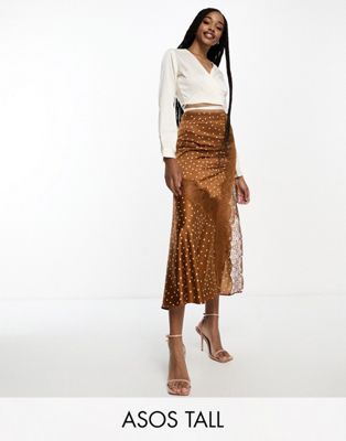 Атласная юбка-комбинация миди в ржавый горошек с кружевными вставками ASOS DESIGN Tall ASOS Tall