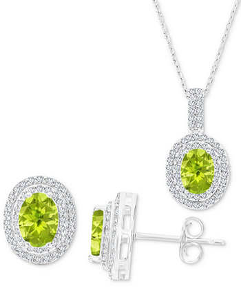 2-Pc. Set Peridot (2-1/6 ct. t.w.) & Lab-Grown White Sapphire (1-1/10 ct. t.w.) Oval Halo Pendant Necklace & Matching Stud Earrings in Sterling Silver Macy's