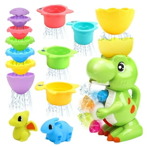 JoyStone 9 PCS Dinosaur Bath Toy with Colorful Spin Wheel Mini Dinosaur and Stacking Cup Watering Bottle Toy for Toddler Boys Girls, Green JoyStone